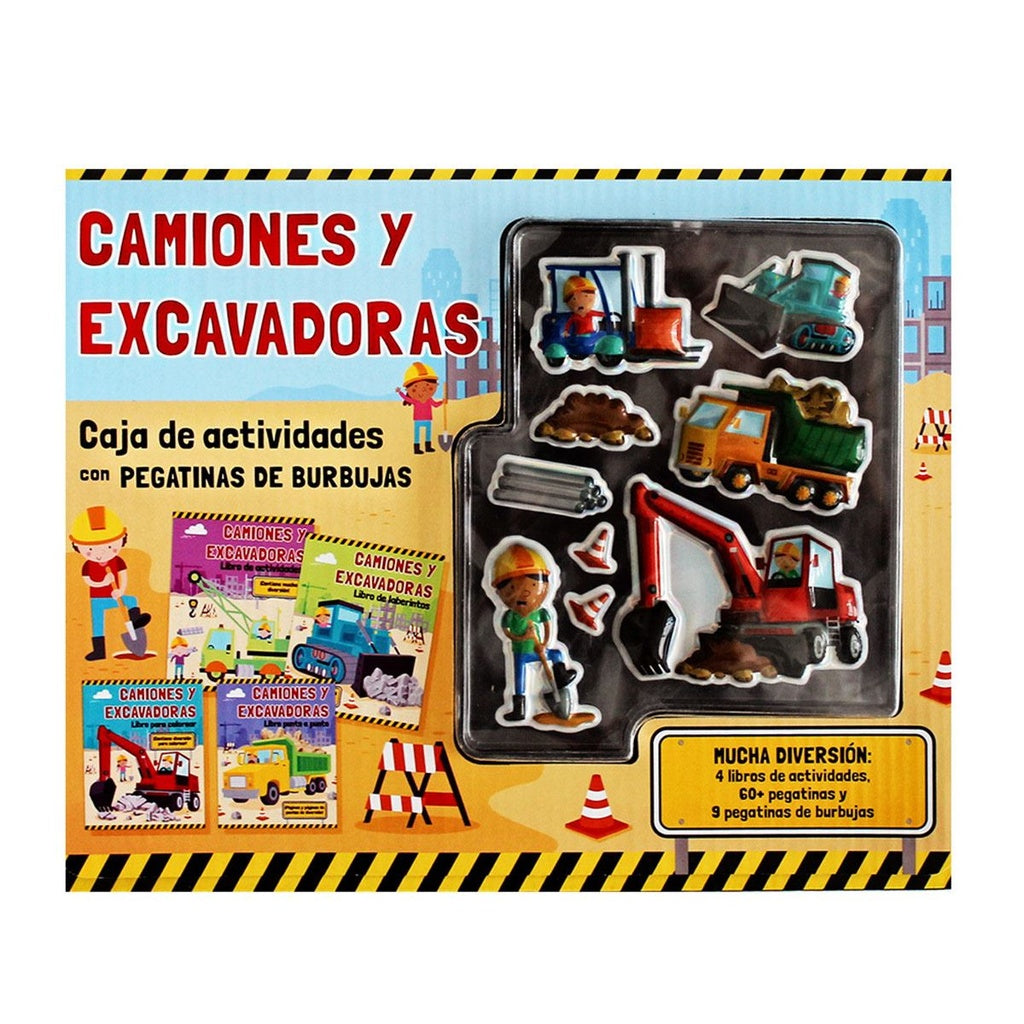Camiones y excavadoras. Caja de actividades con pegatinas burbuja. | Agua de Mayo